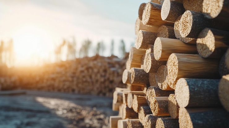 PSD primer plano de troncos bien apilados al atardecer que muestran la textura de la madera y la industria forestal