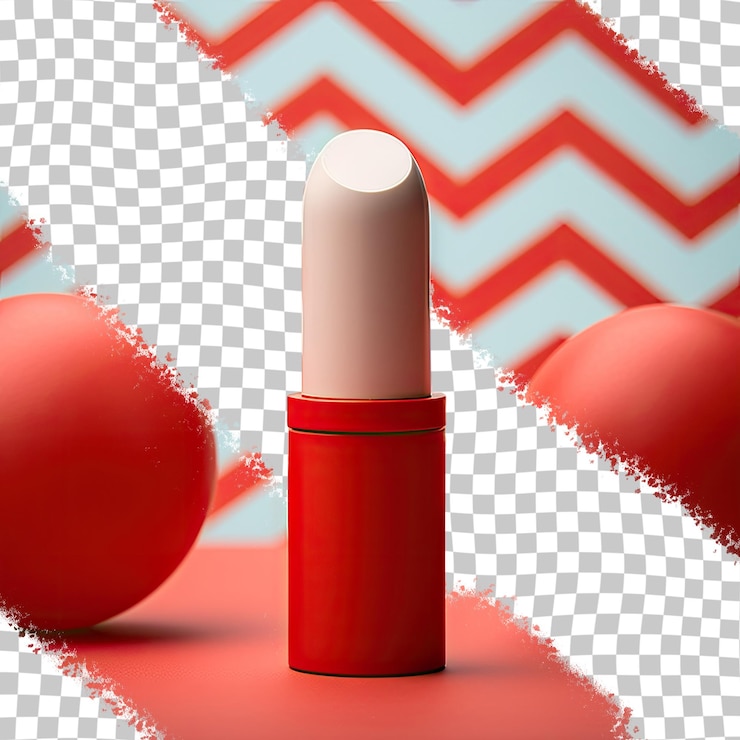 PSD primer plano del tubo de lápiz labial rojo sobre una superficie estampada