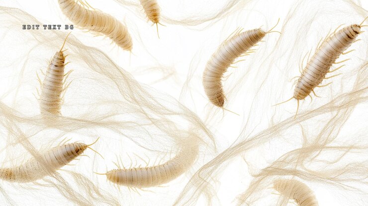 PSD primer plano de varios insectos alargados pálidos en una tela translúcida contra un fondo blanco