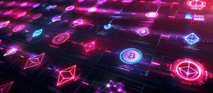 PSD un primer plano de varios logotipos y símbolos de criptomonedas mostrados en pantallas digitales