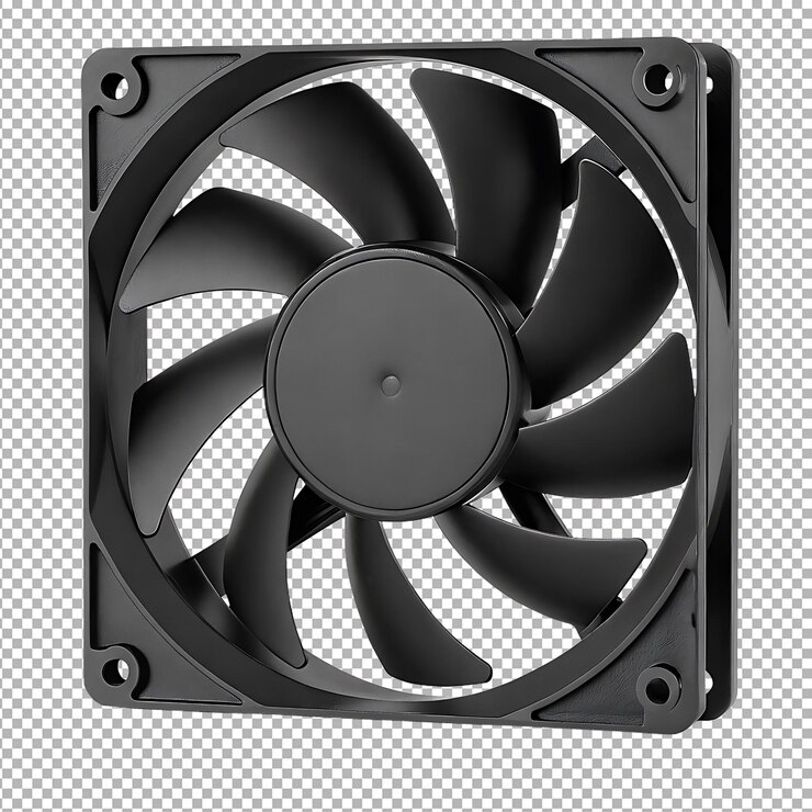 PSD primer plano de un ventilador de enfriamiento de pc negro con cuchillas