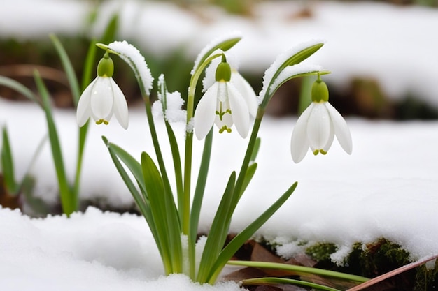 PSD las primeras flores de primavera florecen en la nieve.