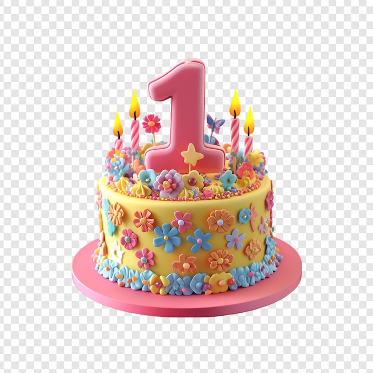 PSD primero pastel de cumpleaños con decoraciones coloridas y velas aisladas en un fondo transparente