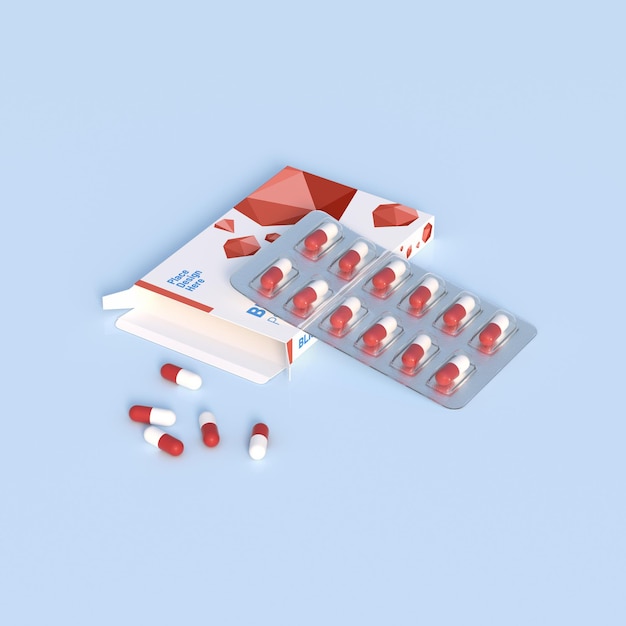 Primo piano del blister della confezione con pillole di medicinali rotonde Modello di mockup rendering 3d