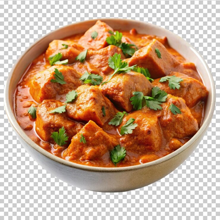 PSD primo piano del delizioso pollo tikka masala su bianco