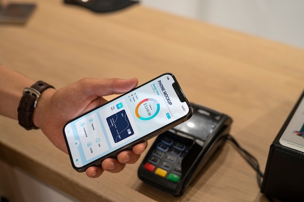 Primo piano del mock-up touchscreen sullo smartphone tenuto da una persona