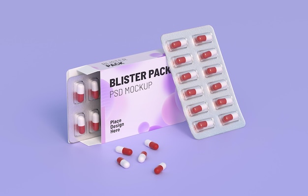 Primo piano del pacchetto con due blister con pillole di medicinali Modello di mockup rendering 3d