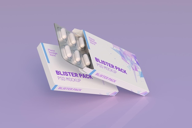 Primo piano della confezione blister con medicinali rotondi pillole di un colore Modello mockup 3d rendering