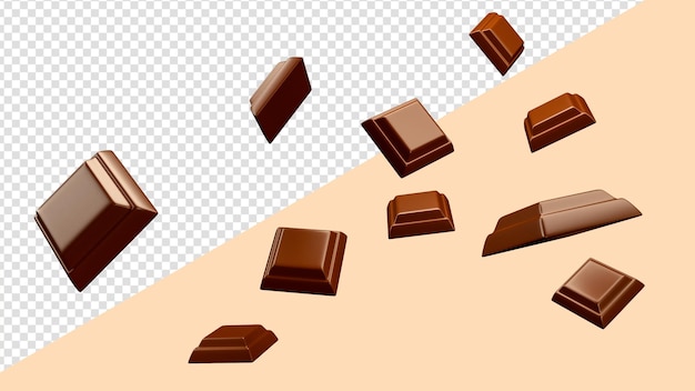 Primo piano della pila di pezzi di cioccolato che cadono Molti cubetti di cioccolato che cadono