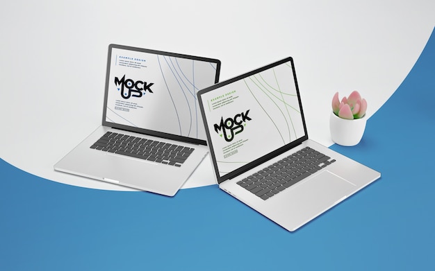 Primo piano sul modello di laptop con pianta in vaso