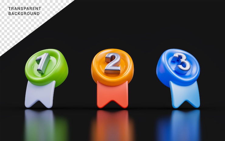 PSD primo secondo e terzo segno di meddle su sfondo scuro concetto di rendering 3d per il premio del campione