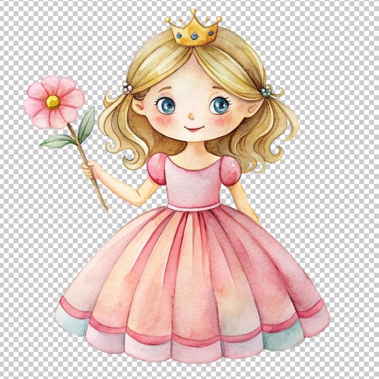 PSD princesa de dibujos animados de acuarela chica de moda con flor en un fondo transparente