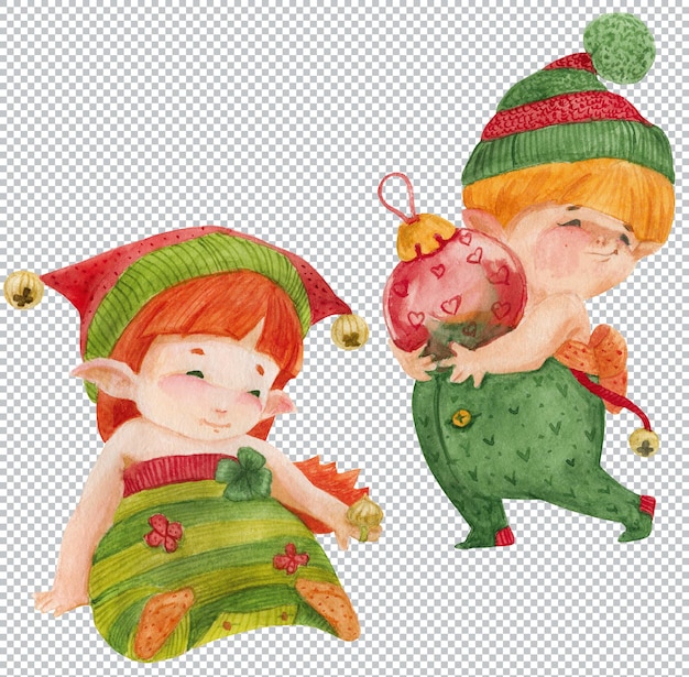 PSD princesa duende e criança duende com bola de natal. elementos gráficos em aquarela, ilustração em camadas