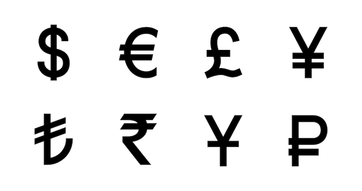 PSD principaux signes de monnaie en gras dollar euro livres yens roubles lires isolés