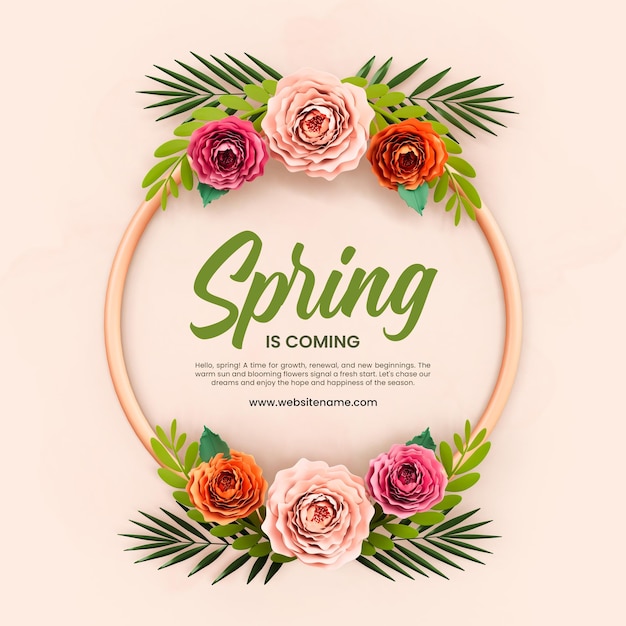 Le printemps arrive modèle de publication 3d de cadre floral