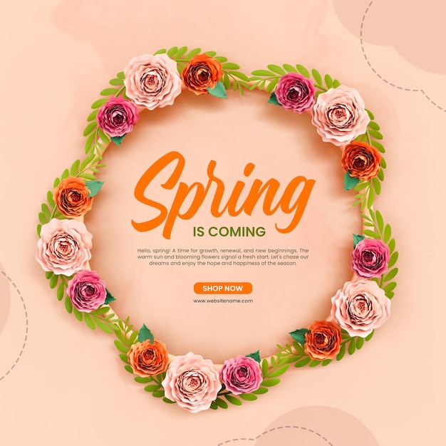 Le printemps arrive modèle de publication 3d de cadre floral