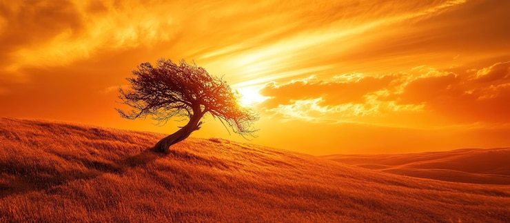 PSD une prise de vue grand angle d'un seul arbre balayé par le vent au sommet d'une colline vallonnée avec un coucher de soleil orange vif derrière ar 167 v 61 id de travail 2c4a21a0500946a0a74c69261938729c