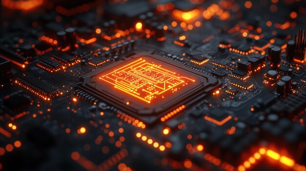 Une prise de vue rapprochée d'une puce d'ordinateur lumineuse sur une carte de circuit imprimé avec une teinte orange