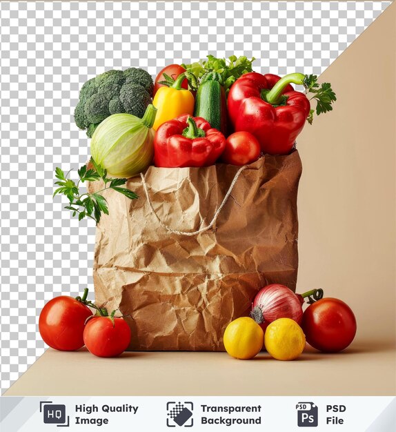 PSD prise de vue verticale premium de légumes frais dans une maquette de sac en papier recyclable