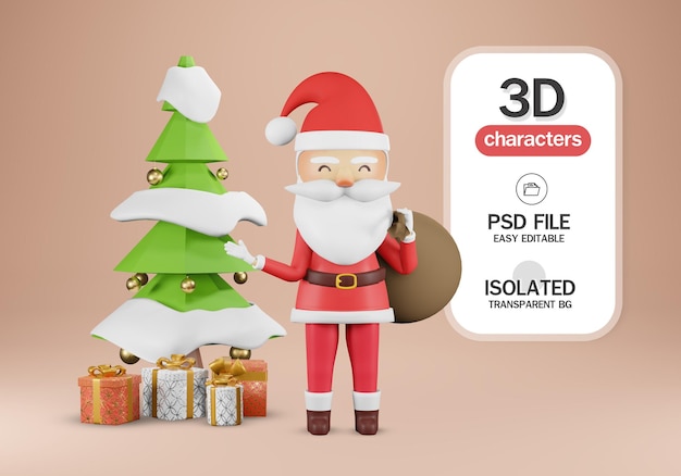 procesamiento 3d dibujos animados lindo santa claus con árbol de navidad y regalos