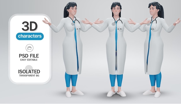 procesamiento 3d Personaje de caricatura joven doctora con las manos arriba aisladas en el fondo.