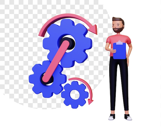 Processamento 3D com personagem masculino segurando notas