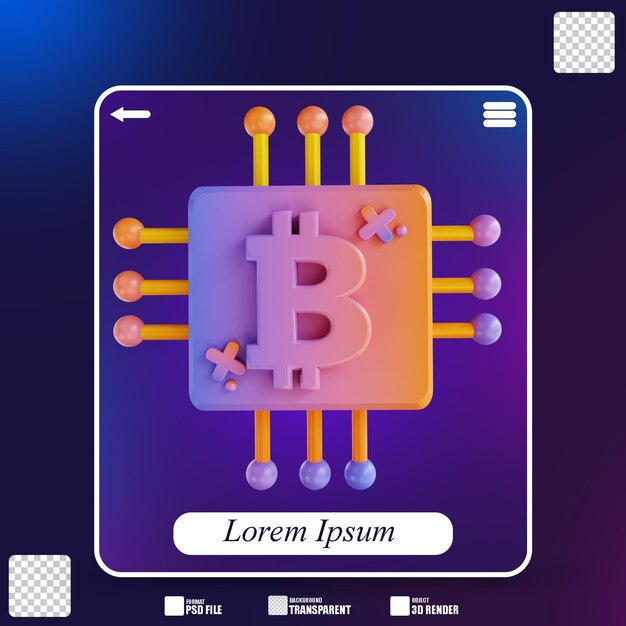PSD processeur bitcoin coloré illustration 3d