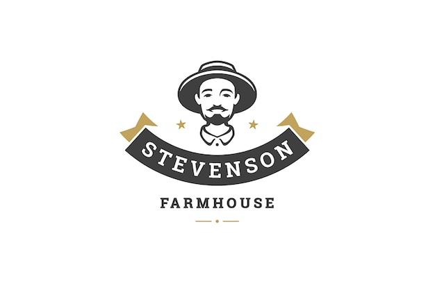 Production alimentaire agricole modèle de conception de logo vintage homme souriant ouvrier agricole moustache