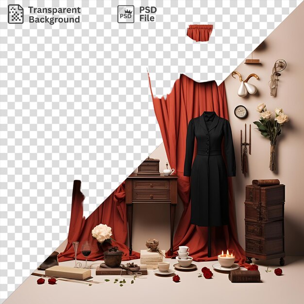 Production De Théâtre Professionnelle Isolée Et Décor D'accessoires Mettant En Vedette Une Robe Noire Des Fleurs Blanches Un Mur Blanc Une Bougie Blanche Une Table Brune Et En Bois Un Tiroir Brun Et En Bois Et Un Blanc