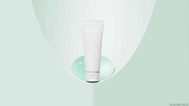 Producto de belleza con burbuja de agua sobre fondo verde. Render 3D