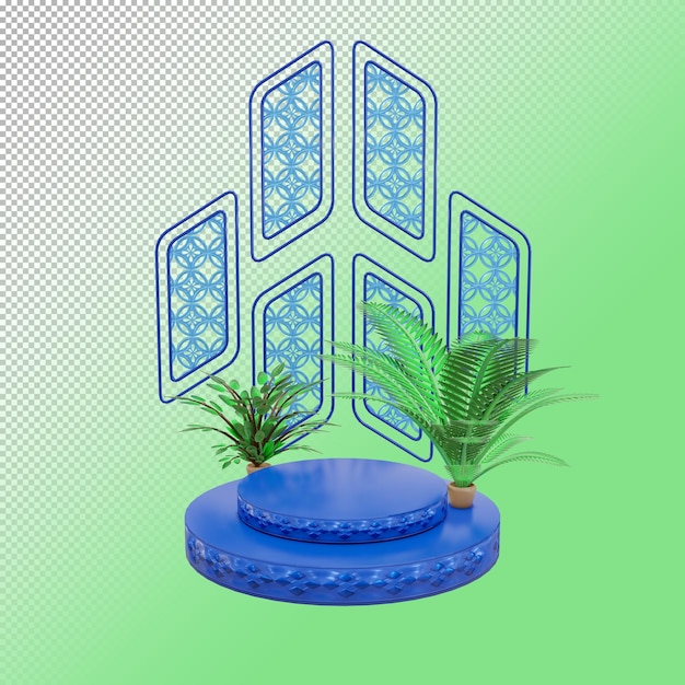 Producto de podio en forma de círculo azul con planta casera y adorno de patrón azul en 3D Render