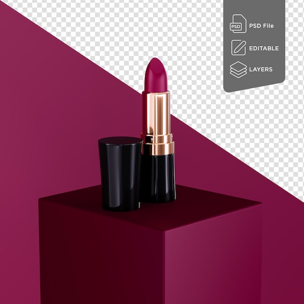 Producto premium de lápiz labial Deep Red en un escenario cuadrado. sobre fondo aislado. Ilustración 3d de lápiz labial