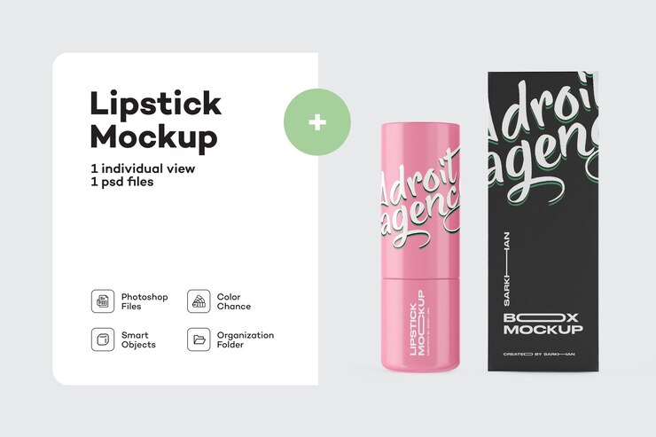 PSD un producto que es rosa y negro con un bálsamo labial rosa en el medio.