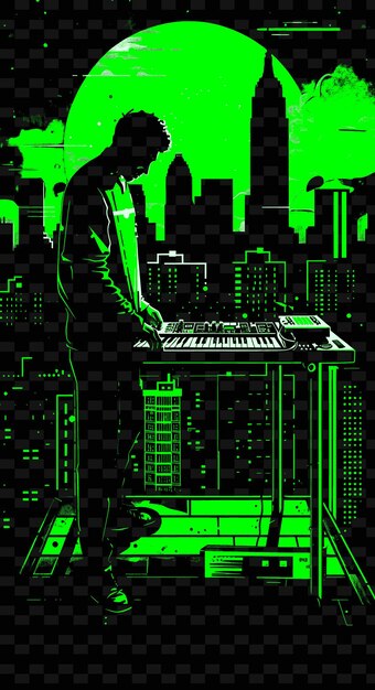 PSD productor de música electrónica actuando en un techo con una idea de cartel musical de ilustración vectorial de la ciudad