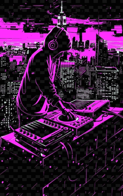 Productor de música electrónica actuando en un techo con una idea de cartel musical de ilustración vectorial de la ciudad