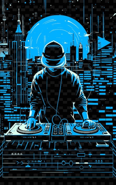 Productor de música electrónica actuando en un techo con una idea de cartel musical de ilustración vectorial de la ciudad