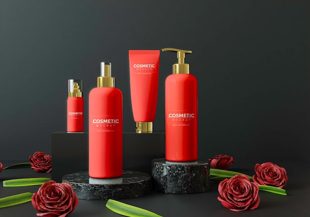 Productos cosméticos en un podio con flores.