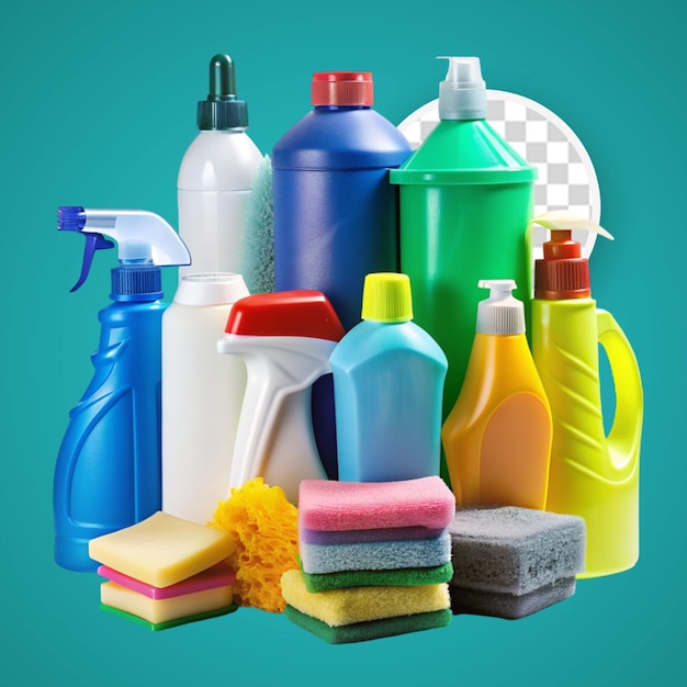 PSD productos de limpieza en el lavabo con esponjas azules