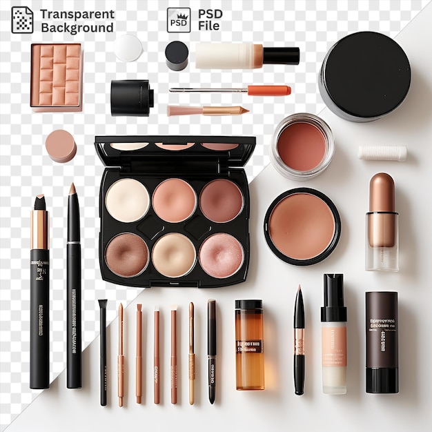 PSD productos de maquillaje y belleza psd dispuestos sobre un fondo transparente, incluidos un bolígrafo negro, bolígrafos negros y marrones y una botella marrón