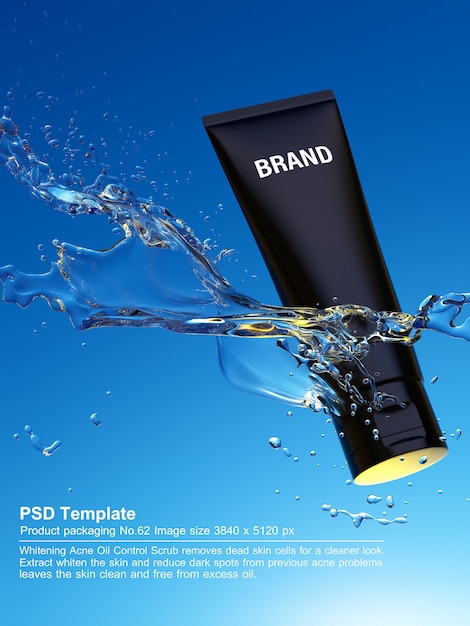 PSD produit de beauté noire dans le fond de l'eau bleue 3d render