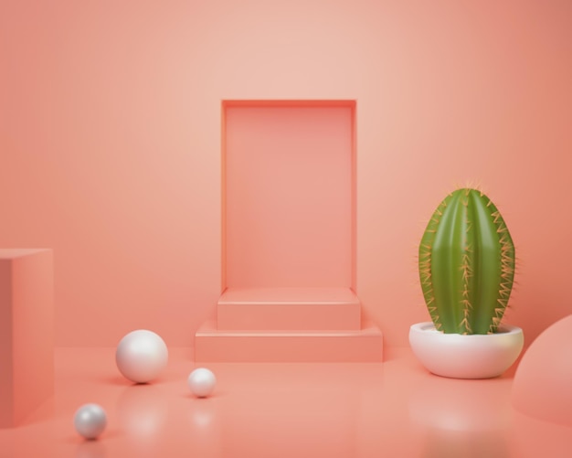 produit podium 01 - podium beige clair avec accessoires perles et cactus