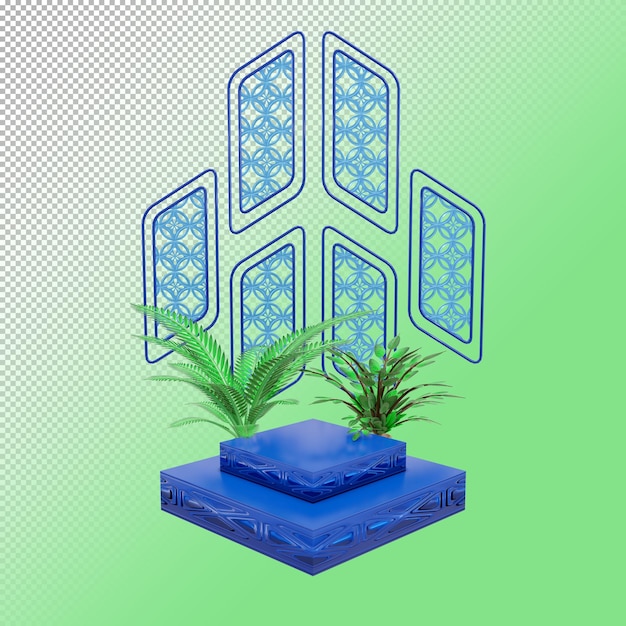 Produit De Podium En Forme De Rectangle Bleu Avec Plante D'accueil En Rendu 3d