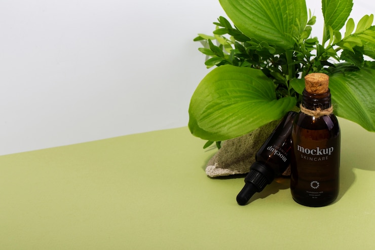 PSD produit de soin de la peau à angle élevé avec des feuilles