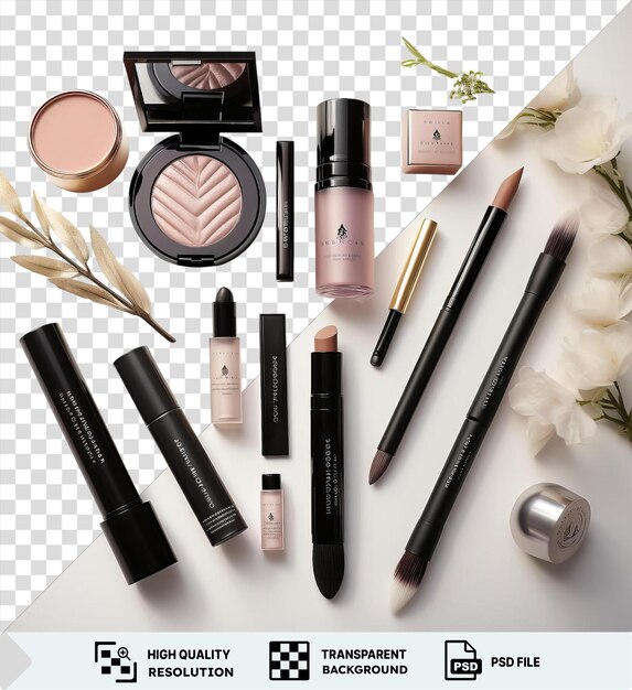 PSD de produits de beauté et de maquillage de mariée de luxe sur un fond transparent avec un stylo noir, une fleur blanche et un stylo noir