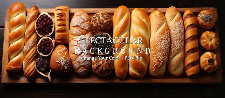 PSD produits de boulangerie sur table en bois vue baguette baguette croissant assortiment de produits de boulanderie