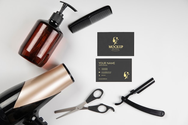 Produits capillaires et cartes de visite vue de dessus