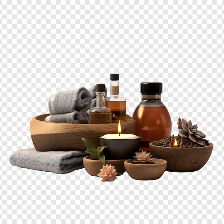 PSD produits et équipements de massage orientaux, y compris les accessoires de spa isolés sur fond transparent