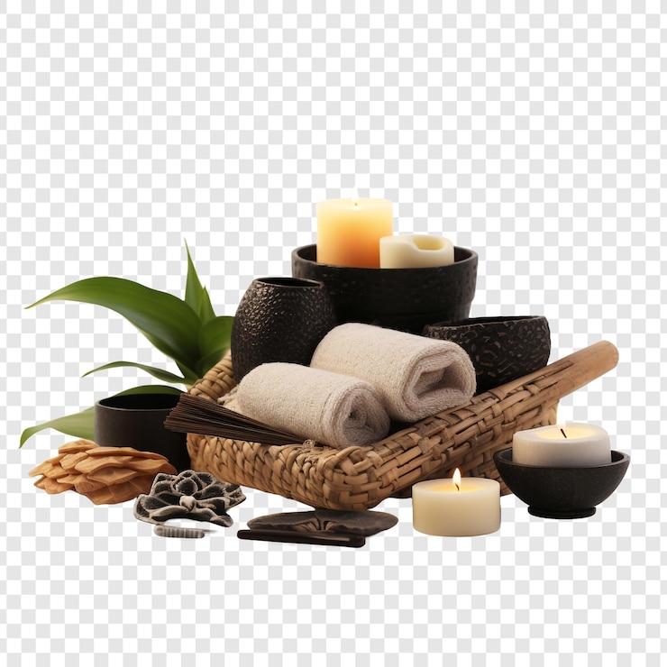PSD produits et équipements de massage orientaux, y compris les accessoires de spa isolés sur fond transparent