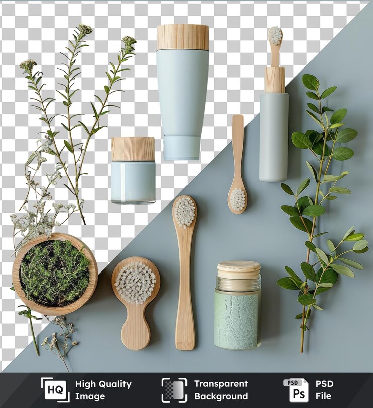 PSD produits de soins biologiques de qualité supérieure pour bébés sur un mur bleu et blanc avec une cuillère en bois, une bouteille blanche et une plante verte
