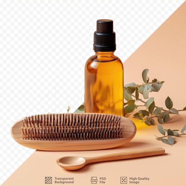 PSD produits de soins capillaires comprenant un peigne en bois et une huile fortifiante pour les cheveux présentés sur un fond transparent pour favoriser la croissance des cheveux et prévenir leur chute